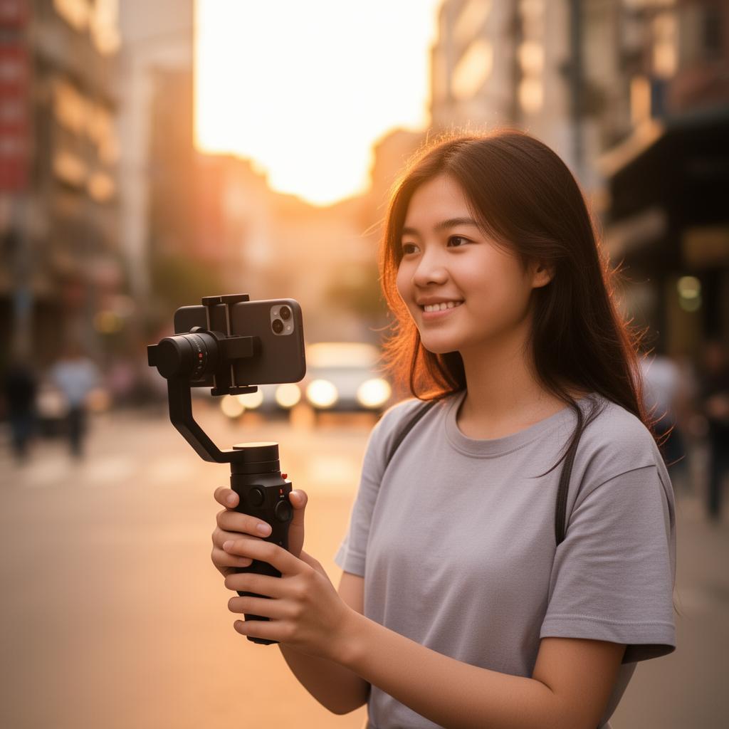 Pessoa usando o gimbal para gravar na rua